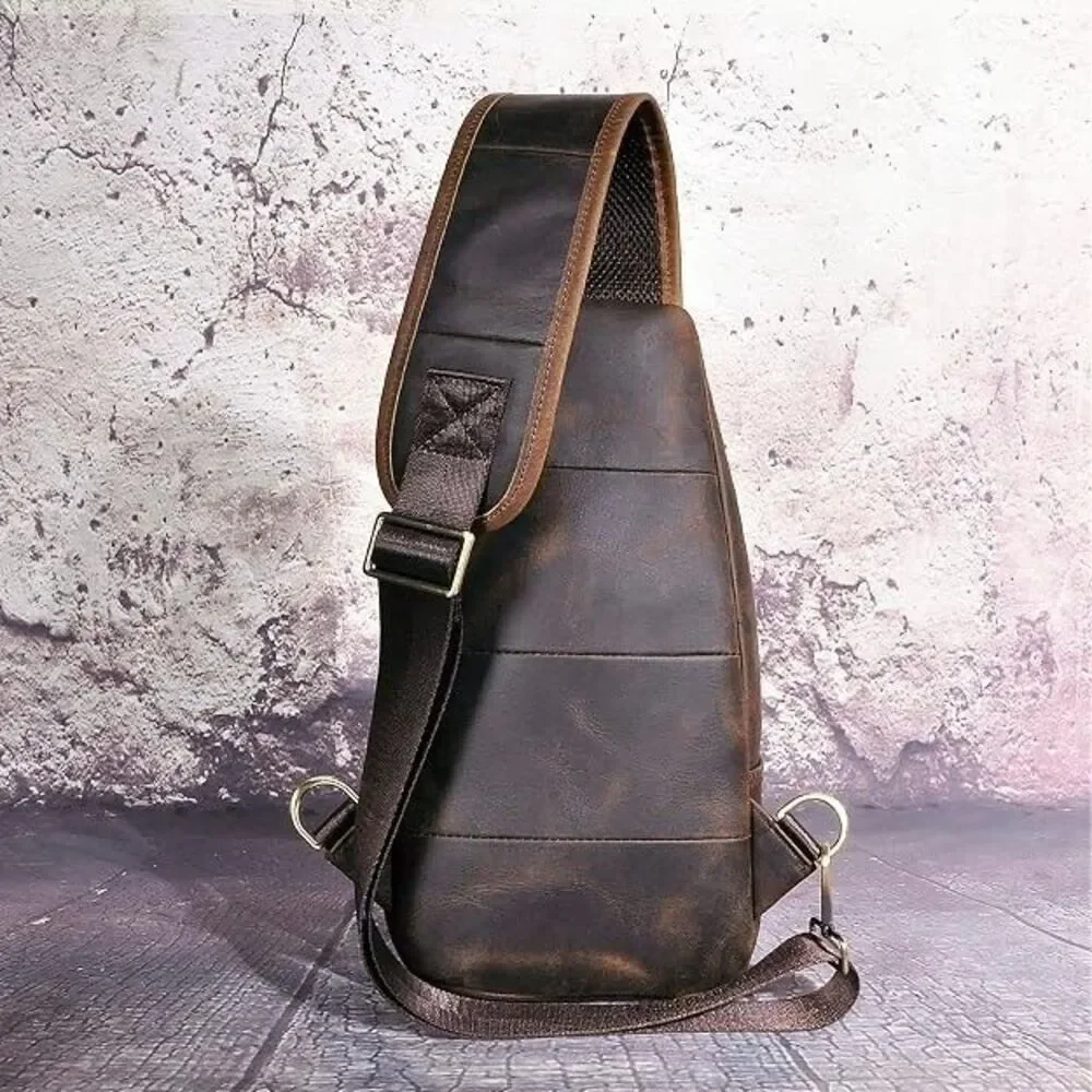 Men Fashion Casual Crossbody Chest Sling Bag, Genuine Leather, Dark Brown